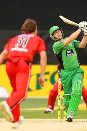 Luke Wright of the Stars hits a six off the bowling of Will Sheridan of the Renegades. Audience figures were up for the game which was the Big Bash opener.
