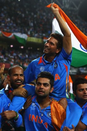 Sachin Tendulkar is chaired off by his teammates after India's World Cup final win over Sri Lanka.