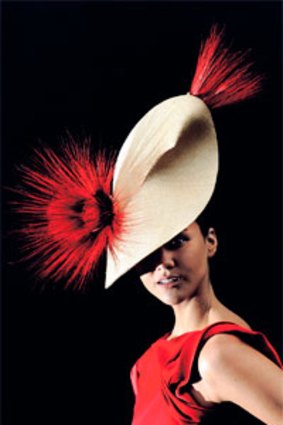 Steph Shreeve wears parisisal straw sculpted leaf hat by Liza Stedman, winner of the Myer Fashions on the Field millinery award.