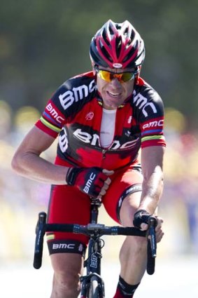 Cadel Evans arrives at the end of the first stage of the Tour de France.