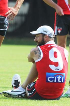 Not resting on his laurels: Nick Malceski takes a breather at training.