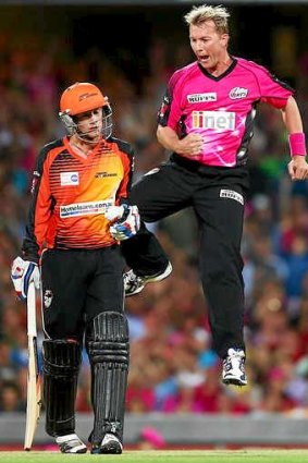 Still going strong: Brett Lee celebrates a wicket against the Scorchers in January.