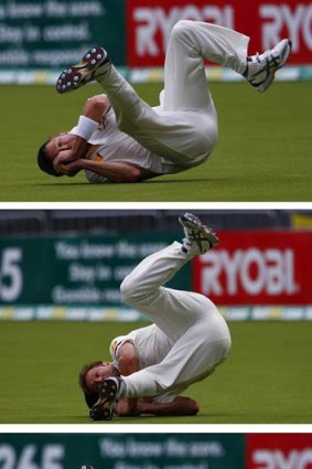 A combination photo shows Ryan Harris taking a catch to dismiss England's captain Alastair Cook.