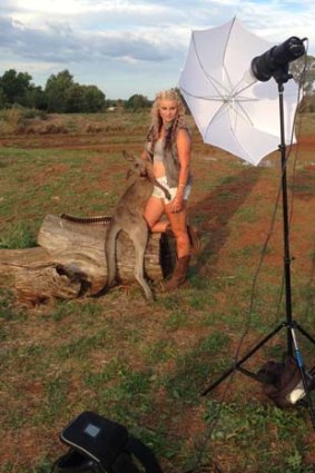 The kill: Katrina Byrnes poses with a dead kangaroo.