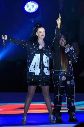 Missy Elliott (right) and Katy Perry perform on stage together at the Super Bowl XLIX Halftime Show.