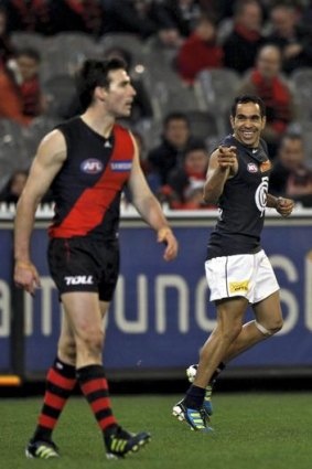 Point made: Eddie Betts after one of his eight goals last night.
