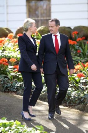 Bill Shorten with wife Chloe Bryce after he announced he would stand for the leadership of the federal parliamentary ALP.