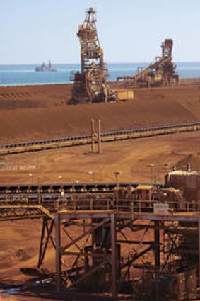 Big business … at Cape Lambert Port in the Pilbara, conveyor belts carry the ore to stockpiles in preparation for loading onto ships.