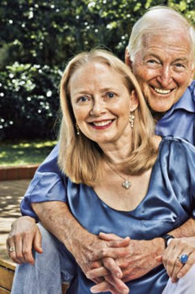 Bryce Courtenay with his second wife and former publicist, Christine Gee, in the backyard of their Canberra home.