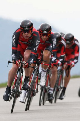 Needing help from his friends: Australian Cadel Evans leads BMC teammates in the Giro del Trentino.