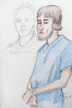 Arrested: An artist's sketch of Justin Bourque during his court appearance in Moncton.