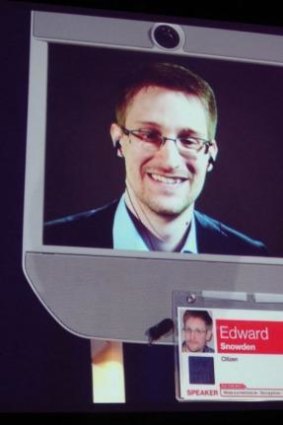 Edward Snowden appears by robot at a TED conference in Vancouver.