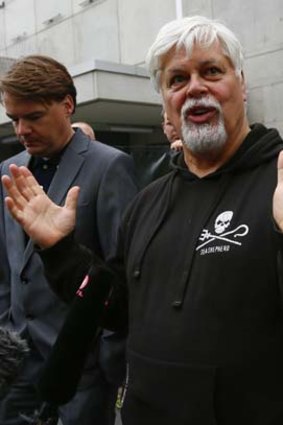 Founder of Sea Shepherd, Paul Watson, talks to media and friends after he was released from prison in Frankfurt, on May 21.