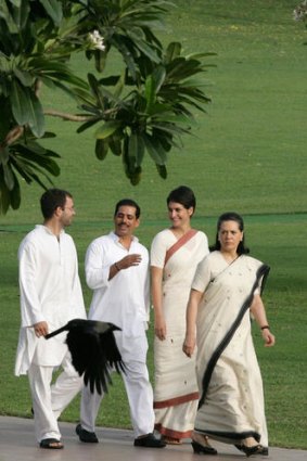 Congress Party head Sonia Gandhi during a 2009 walk in Delhi, followed by daughter Priyanka, son-in-law Robert Vadra and son Rahul.