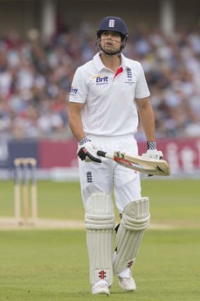 Alastair Cook walks from the pitch after his dismissal.