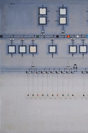 In <i>The Board of Directors</I>, 1955-56, the painter reduces people to parts of a circuit diagram. 