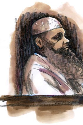 Convicted terrorist organiser Abdul Nacer Benbrika inside the Supreme Court yesterday. Illustration: Anne Spudvilas