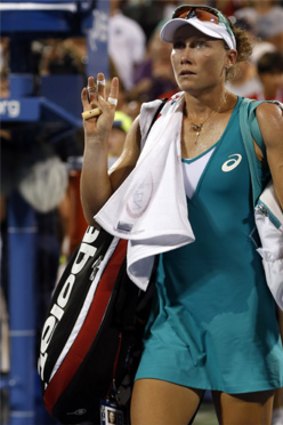 Over and out: Sam Stosur leaves the court after her first-round US Open loss to Victoria Duval.