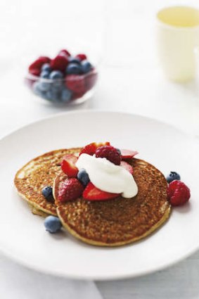 Fluffy buckwheat pancakes with berries and yogurt.