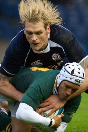 Hair-raising defence . . . Scotland's Scott MacLeod tackles South Africa's Gio Aplon