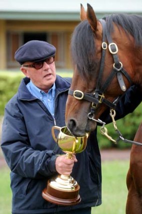 Lloyd Williams with 2012 Melbourne cup winner Green Moon at Macedon.