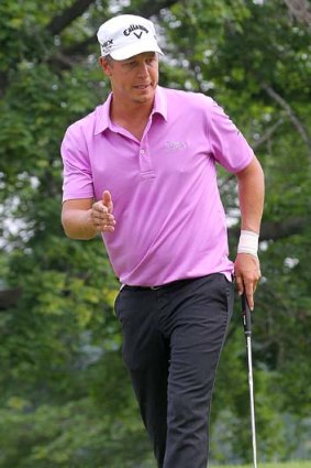 Fredrick Jacobson of Sweden reacts on the second green during round two of the 2012 Travelers Championship.