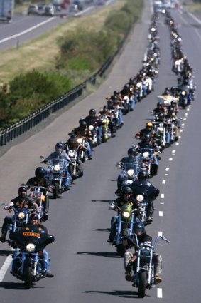 Members of the Bandidos Bikie Club make their way up the Geelong road to Melbourne on their annual ride earlier this month.