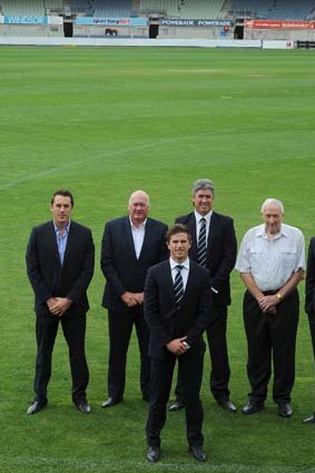 Former Carlton captains stand behind new captain Marc Murphy. From left to right are Anthony Koutoufides, Mark Maclure, Stephen Kernahan, John Nicholls and Chris Judd.