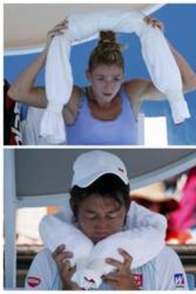 Camila Giorgi of Italy (top left), Maria Sharapova of Russia (top Right), Kei Nishikori of Japan (bottom left), and Alize Cornet of France (bottom right) attempt to cool down with ice-packed towels.