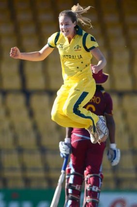 Ellyse Perry celebrates after dismissing Deandra Dottin of the West Indies.