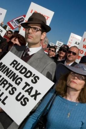 Protesters rally against the Rudd government's proposed mining tax in 2010. 