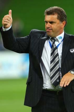 Victory coach Ange Postecoglou has reason to be happy after the game.