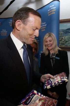 Tony Abbott during his visit to the Cadbury factory in Hobart, Tasmania, during the election campaign.