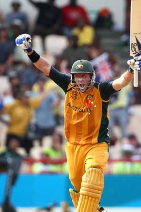 Michael Hussey celebrates hitting the winning runs during the ICC World Twenty20 semi final between Australia and Pakistan.