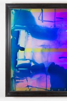 Dale Frank History For Lease 2, 2014 varnish, oil, lighter fluid on iridescent plexiglass