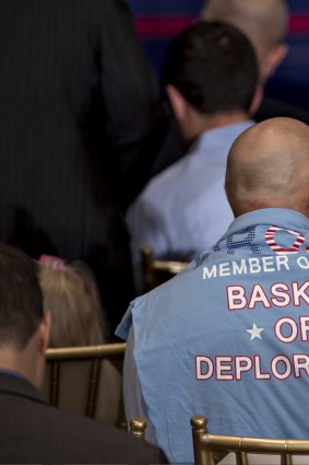 An attendee wears a "Basket of Deplorables" shirt before a speech by Donald Trump in September.