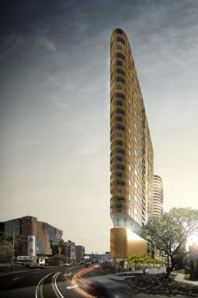An artist's impression of a new development planned for Brisbane's Fortitude Valley. The building is inspired by New York's Flatiron building.