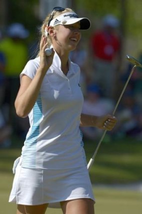 Jessica Korda reacts after sinking a putt on the 18th hole to win the Airbus LPGA Classic.