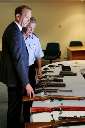 Minister for Police and Emergency Services, Simon Corbell and ACT Chief of Police Rudi Lammers at the launch of a new campaign aimed at removing illegal firearms from Canberra's Streets.