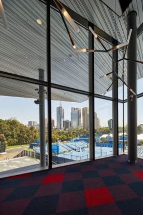 Glazed over: View of the outside courts from inside Margaret Court Arena.
