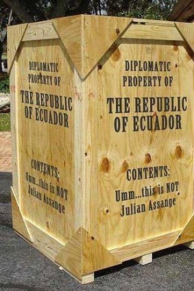 A picture of the spoof crate outside the Ecuadorian embassy,  posted on Twitter by @Baadermainow.