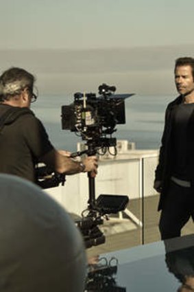 Jack Irish (Guy Pearce) on location in Port Melbourne.