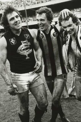 Harmes, Ken Sheldon and Jim Buckely in the moments after the famous win.