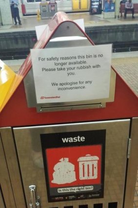 Commuters are no longer allowed to used bins at Brisbane train stations because of security concerns. 