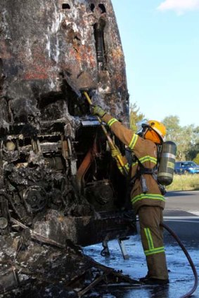 The bus that caught fire on the Hume Highway on Tuesday.