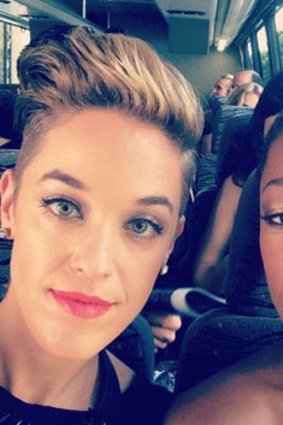 Lauren Morelli and Samira Wiley on a bus on the way to the 2014 Emmy Awards.