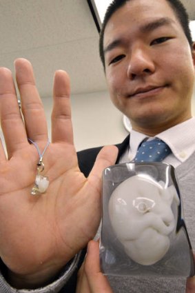 Tomohiro Kinoshita displays a nine-month fetus and mother's body image, made of two-colour acrylic resin, as well as a small charm, left.