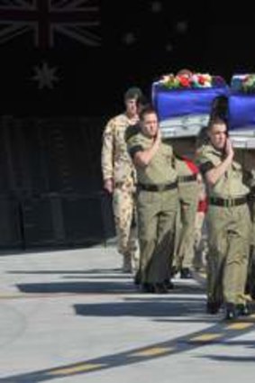 Private Grant Kirby and Private Tomas Dale,  killed in Afghanistan on 20 August 2010, return home in a solemn ceremony at RAAF Base Amberley 27 August 2010 . Photo: ADF