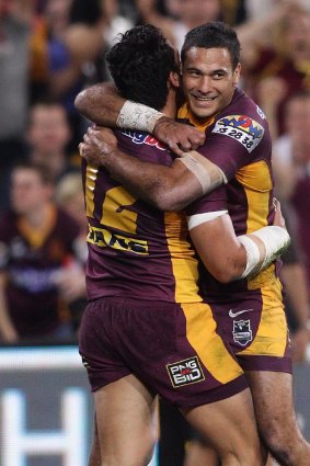 Ben Te'o of celebrates after scoring a try.