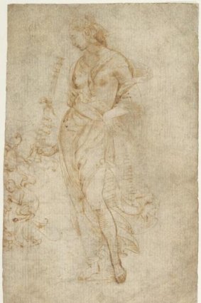 Attributed to Raphael, Female Figure with a Tibia, dated c. 1504-1509, pen and brown, ink, 30.5 x 44.5cm, in J. Paul Getty Museum, Los Angeles; suspected to be a forgery by Eric Hebborn. Copyright The J. Paul Getty Museum, Los Angeles.